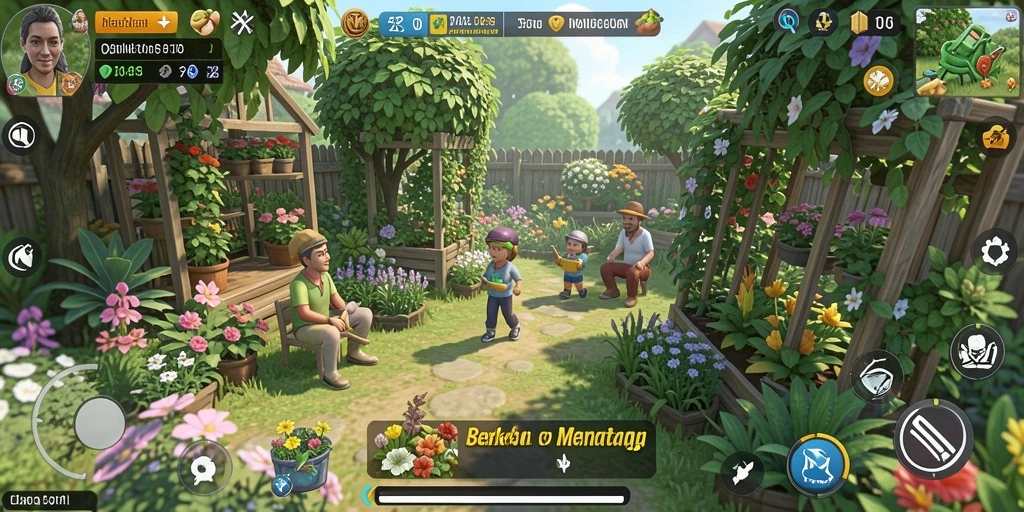 Tampilan gameplay FO8 yang menampilkan kebun yang asri dan penuh warna.