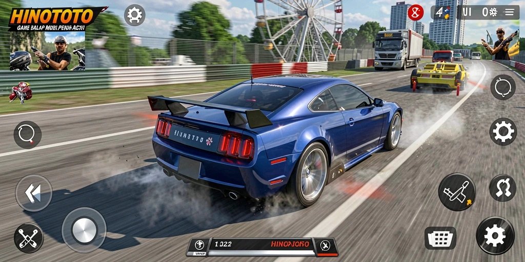 Gambaran gameplay HINOTOTO dengan mobil balap dan trek menantang.