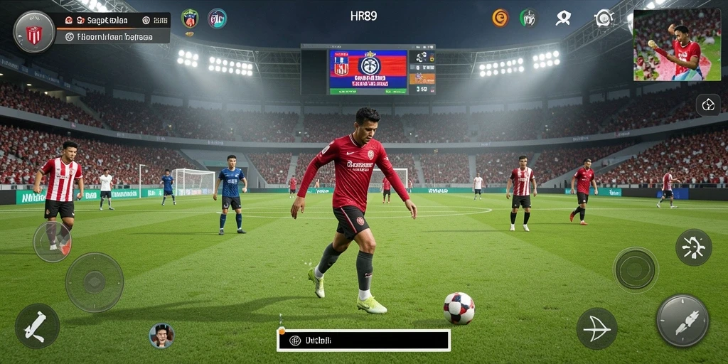 Screenshot gameplay HR89 menunjukkan aksi seru di lapangan sepak bola.