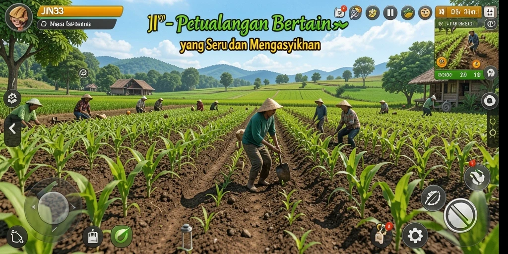 Screenshot gameplay JIN33 menampilkan ladang yang subur dan hewan ternak.