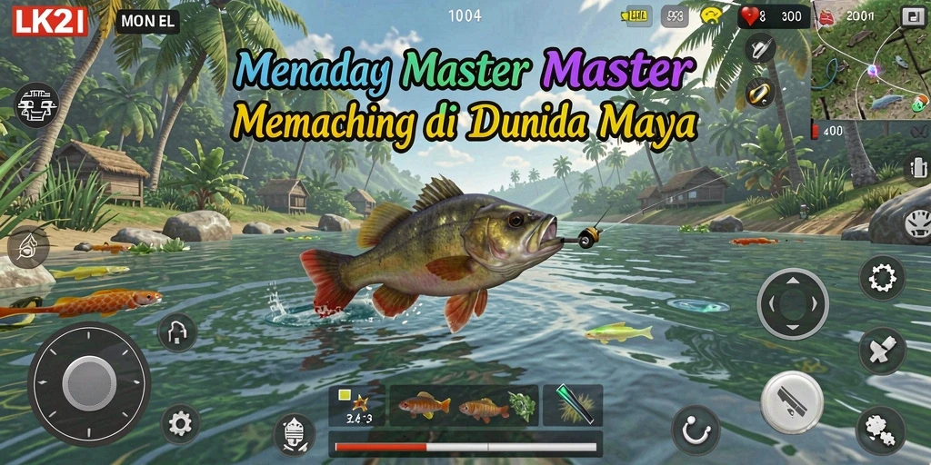 Screenshot menampilkan pemain sedang memancing dengan latar belakang pemandangan indah.