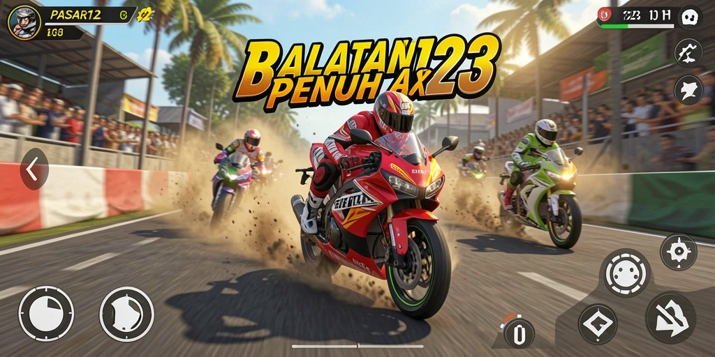 Tampilan gameplay PASAR123 dengan motor balap yang cepat dan lintasan menantang.